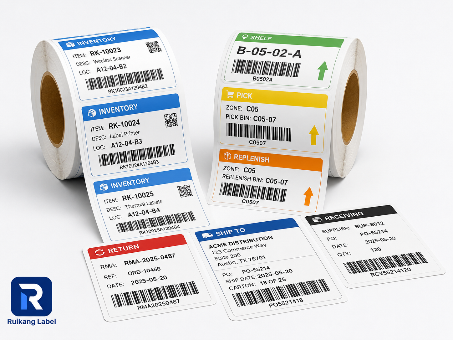 Pre Printed Warehouse Thermal Labels Pre printed warehouse thermal labels with color coding, fixed design, and variable barcode information for inventory and shipping management