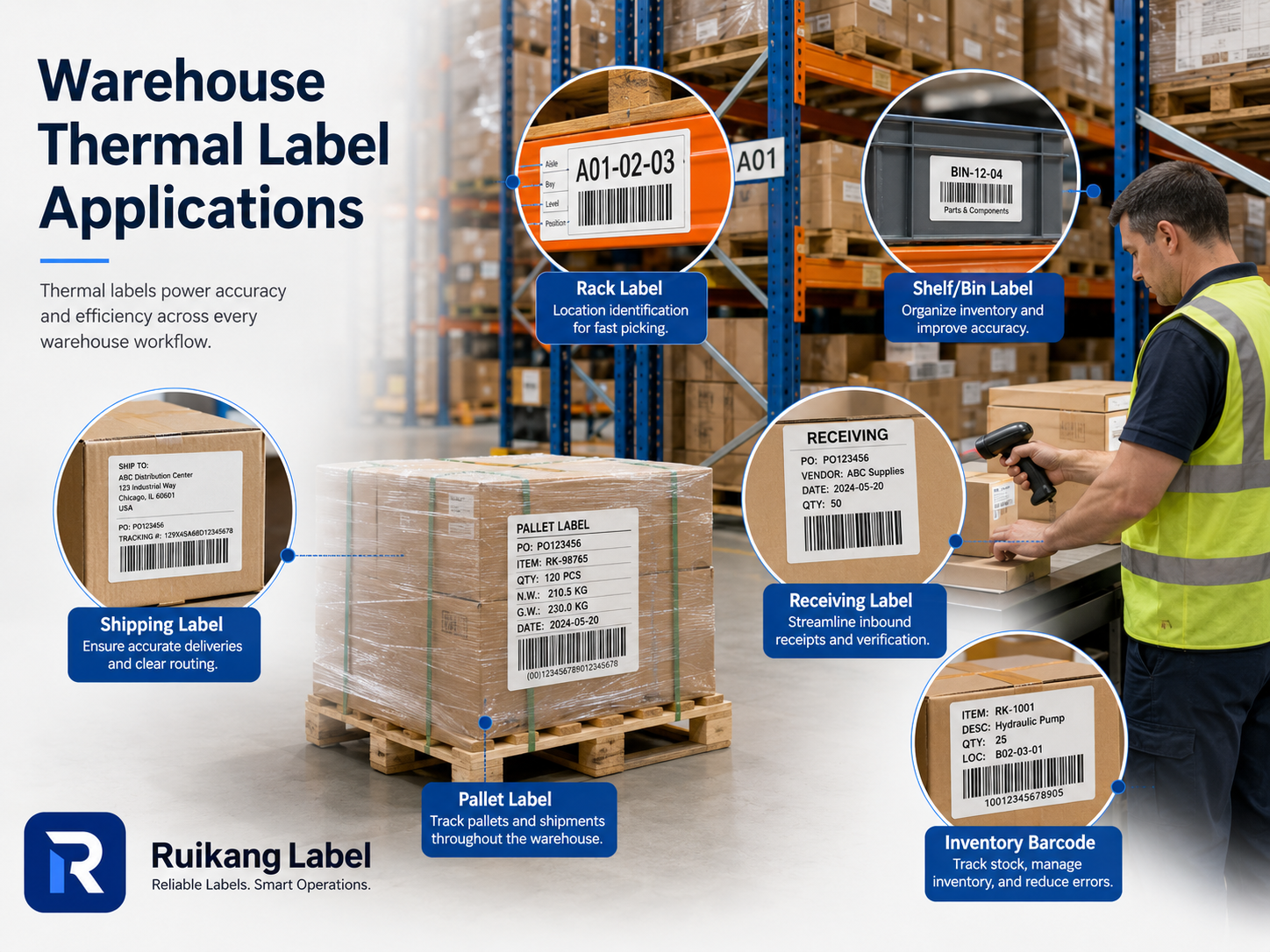 Warehouse Thermal Label Applications Thermal labels used for warehouse rack labels, shelf labels, pallet labels, shipping labels, and inventory barcode labels