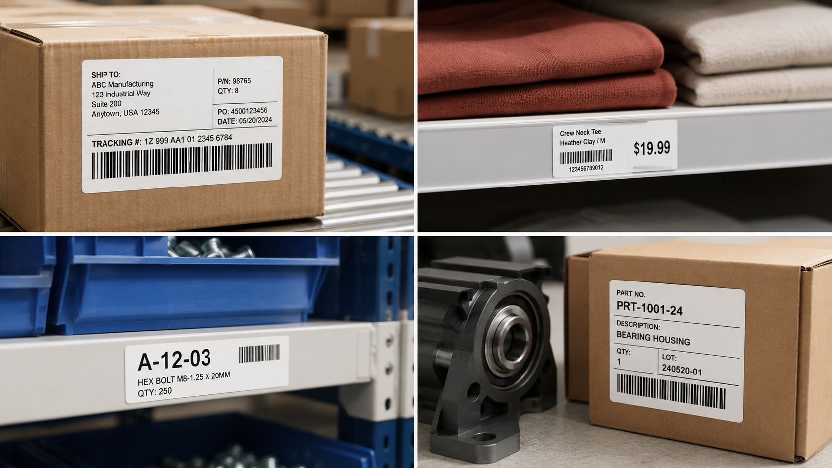 Thermal Label Adhesive Applications Different adhesive thermal labels used for shipping boxes, retail price tags, warehouse shelves, and industrial products