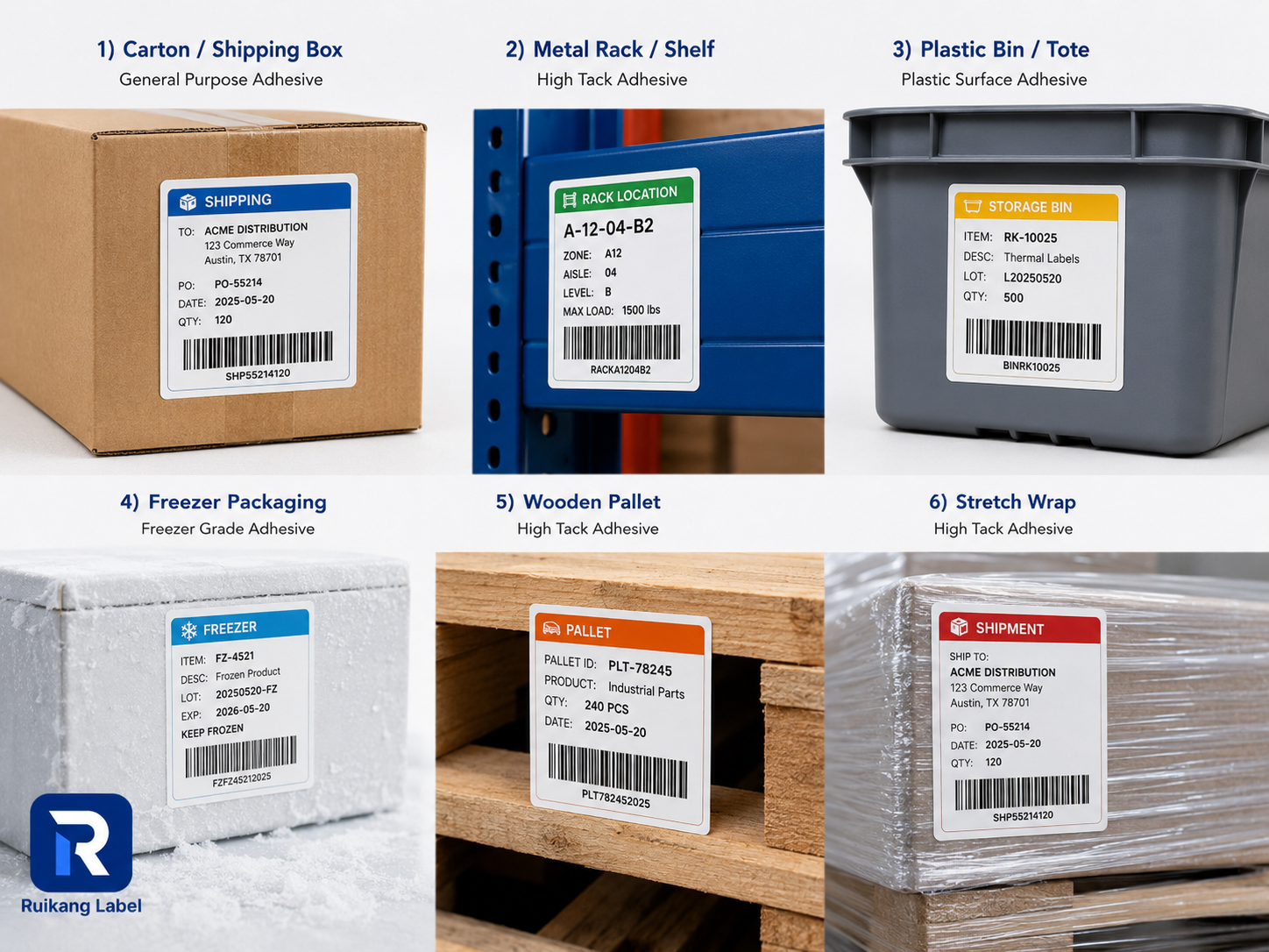 Warehouse Label Adhesive Selection Warehouse thermal labels with different adhesives applied to cartons, metal racks, plastic bins, freezer packaging, wooden pallets, and stretch wrap